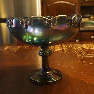 Indiana Glass Carnival Ware Pedestal Fruit Bowl Blue Harvest Grape